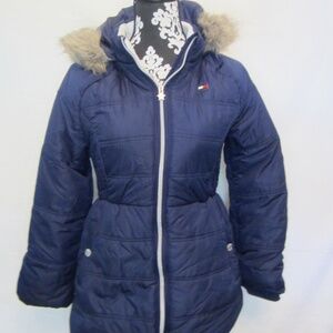 Tommy Hilfiger Fur Hooded Puffer Lined Girl's Jacket Blue L(14/16) Zipper Close